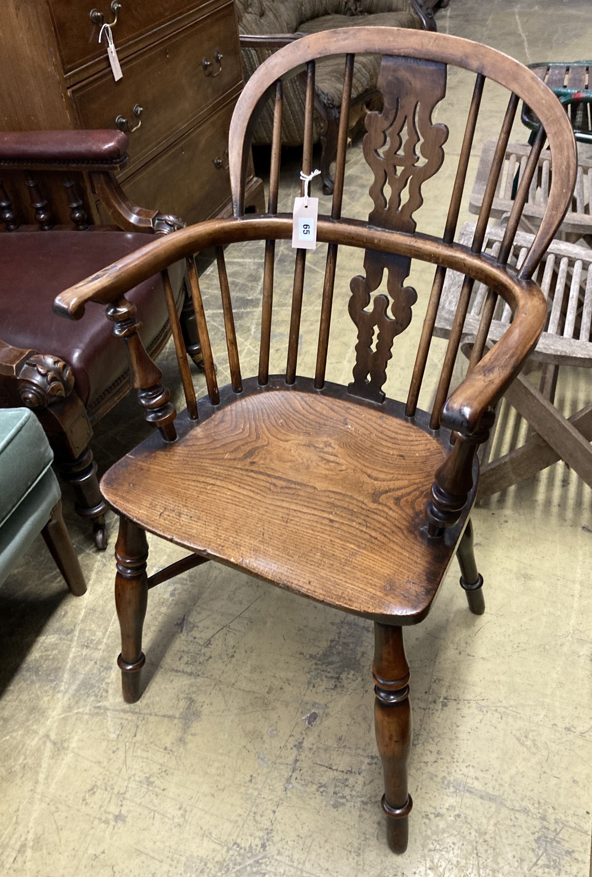 A 19th century yew and elm Windsor elbow chair, width 53cm, depth 40cm, height 94cm